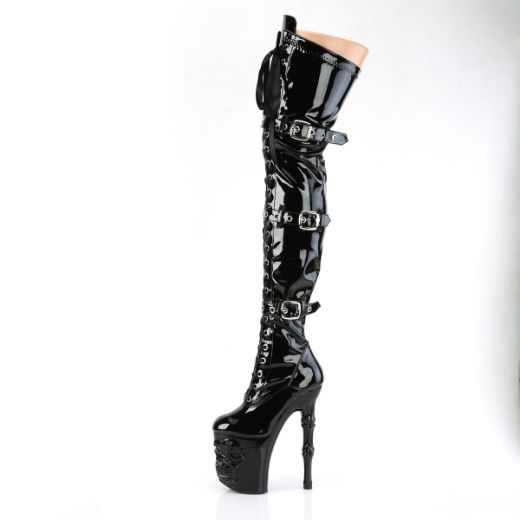 Product image of Pleaser RAPTURE-3028 Blk Str. Pat/Blk 8 Inch Finger Bone Heel 4 Inch Skull PF Thigh Boot Inside Zip