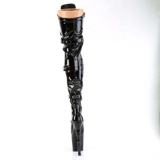 Product image of Pleaser RAPTURE-3028 Blk Str. Pat/Blk 8 Inch Finger Bone Heel 4 Inch Skull PF Thigh Boot Inside Zip