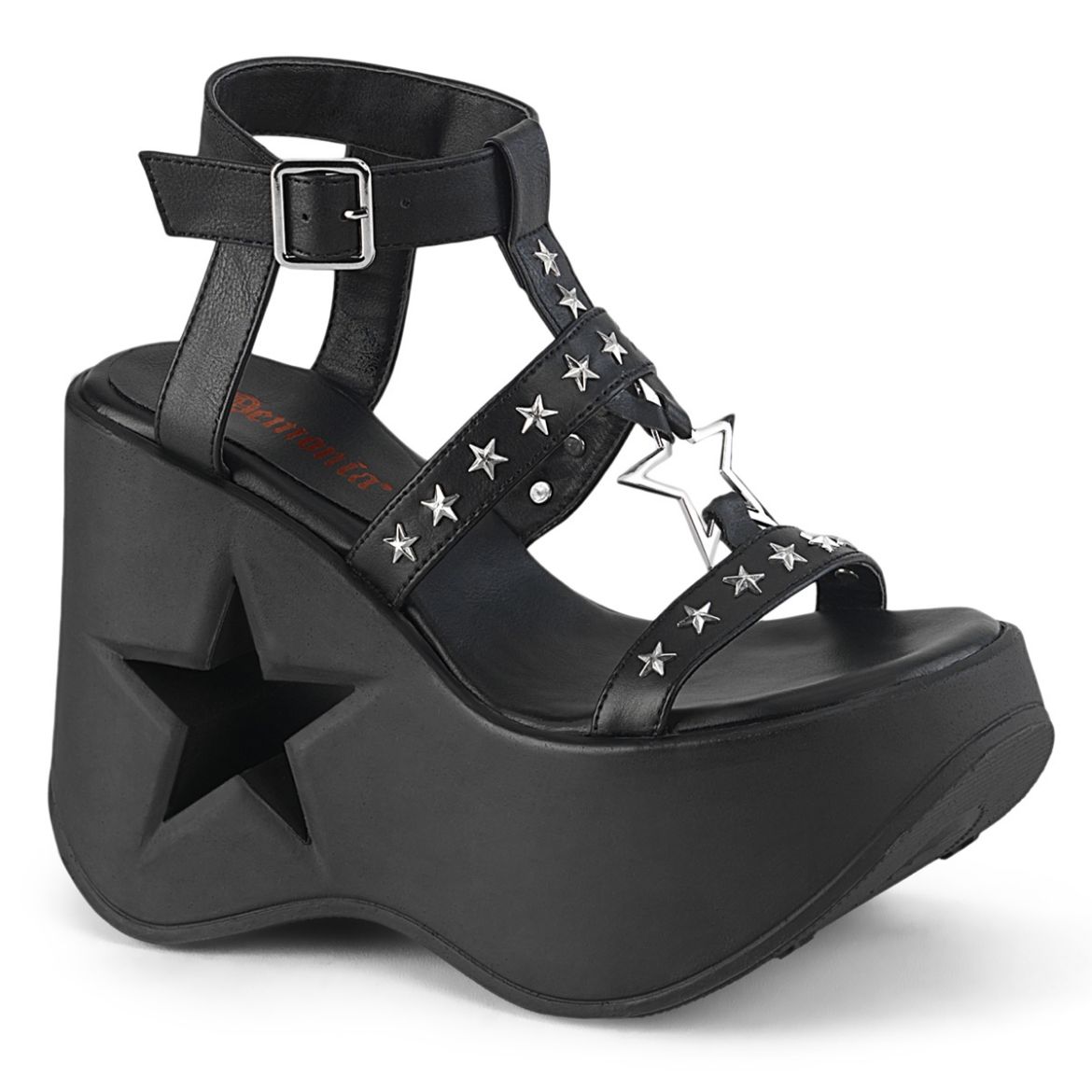 Product image of Demonia DYNAMITE-12 Blk Vegan Leather 5 Inch Star Cutout PF Wedge Wrap Around Ankle Strap Sandal