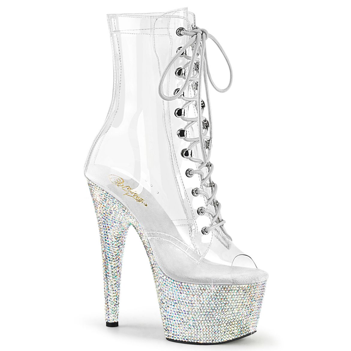 Product image of Pleaser BEJEWELED-1021C-7 Clr-RS/Slv AB RS 7 Inch Heel 2 3/4 Inch PF Peep Toe Lace-Up Front Ankle Boot w/RS