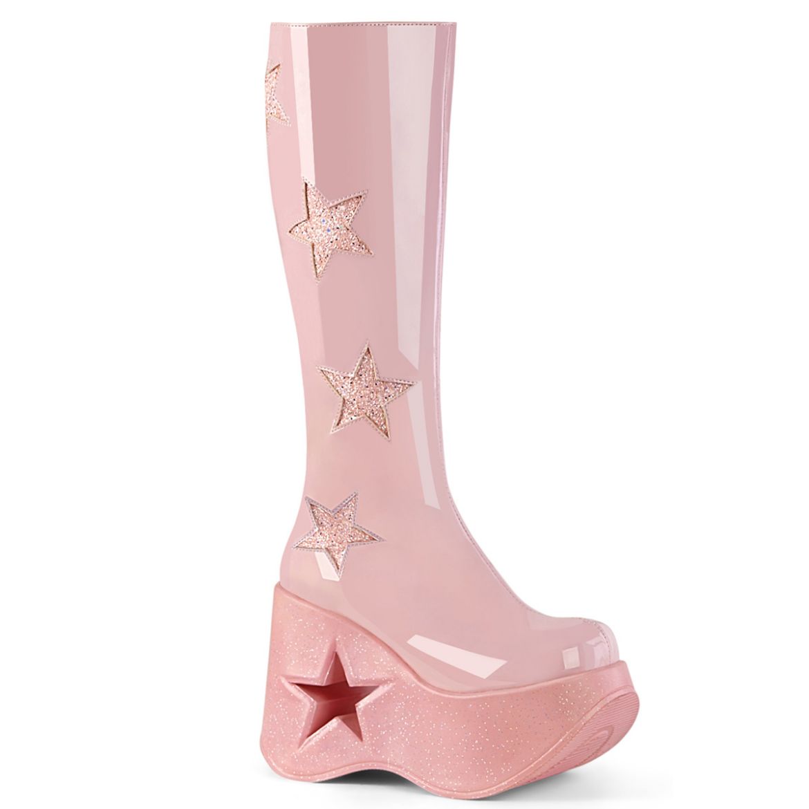 Product image of Demonia DYNAMITE-218 B. Pink Pat-B. Pink Multi Gliter 5 Inch Star Cutout PF Wedge Knee High Boot Inside Zip