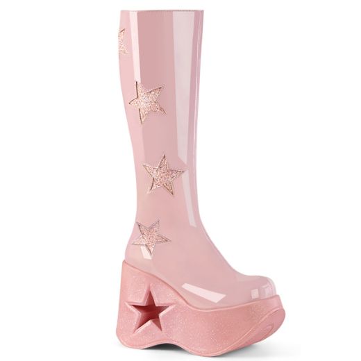 Product image of Demonia DYNAMITE-218 B. Pink Pat-B. Pink Multi Gliter 5 Inch Star Cutout PF Wedge Knee High Boot Inside Zip
