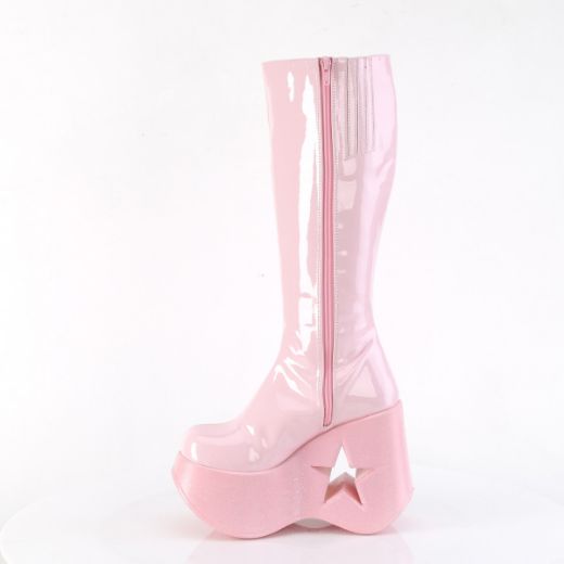Product image of Demonia DYNAMITE-218 B. Pink Pat-B. Pink Multi Gliter 5 Inch Star Cutout PF Wedge Knee High Boot Inside Zip