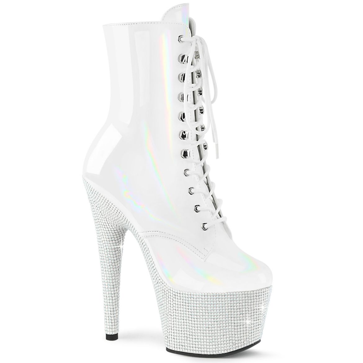 Product image of Pleaser BEJEWELED-1020-7 Wht Holo Pat/Wht RS 7 Inch Heel 2 3/4 Inch PF Front Lace-Up Ankle Boot w/RS Side Zip
