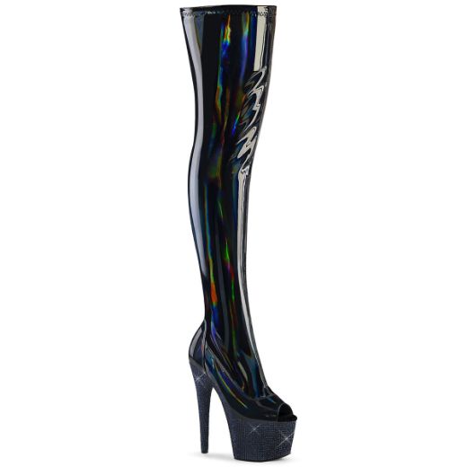 Product image of Pleaser BEJEWELED-3011-7 Blk Str Holo Pat/Midnight Blk RS 7 Inch Heel 2 3/4 Inch PF Peep Toe Thigh Boot w/RS Side Zip