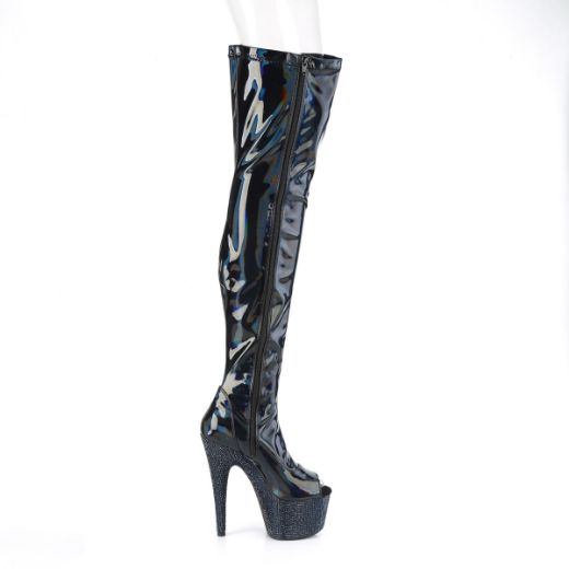 Product image of Pleaser BEJEWELED-3011-7 Blk Str Holo Pat/Midnight Blk RS 7 Inch Heel 2 3/4 Inch PF Peep Toe Thigh Boot w/RS Side Zip