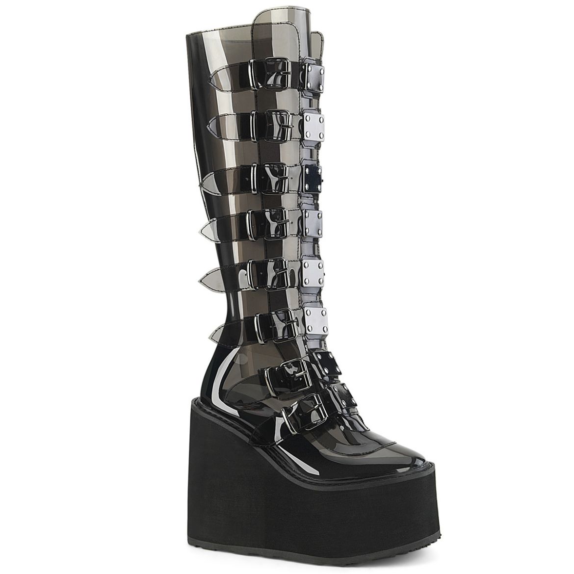 Product image of Demonia SWING-815C Smoke TPU 5 1/2 Inch PF Knee High Boot w/ 8 Buckle Straps Back Metal Zip