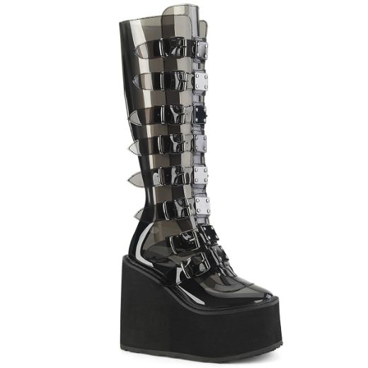 Product image of Demonia SWING-815C Smoke TPU 5 1/2 Inch PF Knee High Boot w/ 8 Buckle Straps Back Metal Zip
