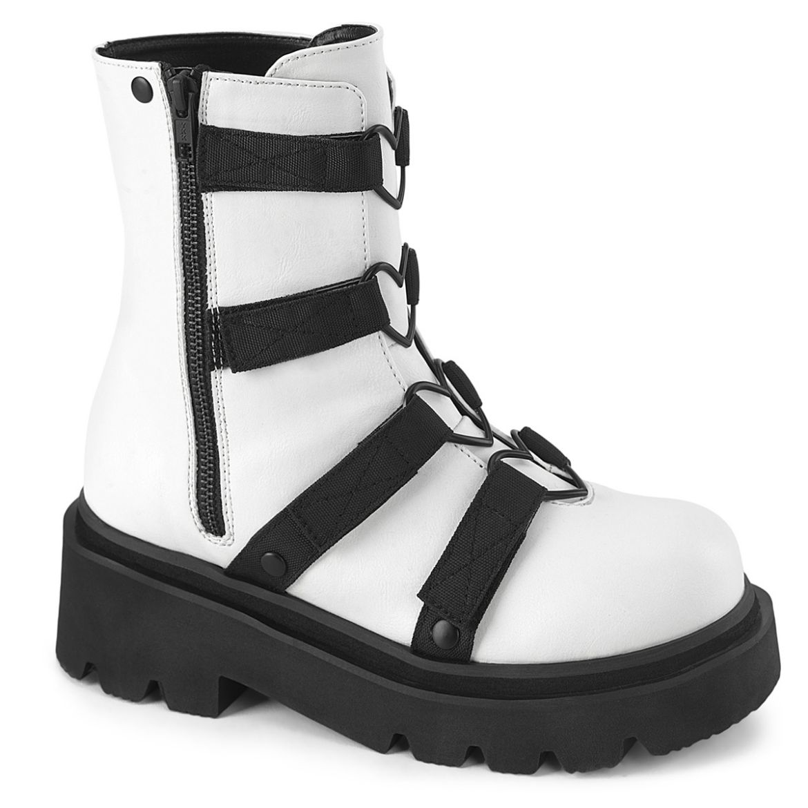 Product image of Demonia RENEGADE-50 Wht Vegan Leather-Nylon 2 1/2 Inch Tiered PF Strappy Ankle Boot Outer Side Zip
