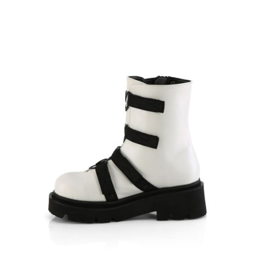 Product image of Demonia RENEGADE-50 Wht Vegan Leather-Nylon 2 1/2 Inch Tiered PF Strappy Ankle Boot Outer Side Zip