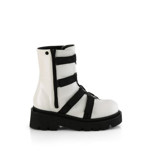 Product image of Demonia RENEGADE-50 Wht Vegan Leather-Nylon 2 1/2 Inch Tiered PF Strappy Ankle Boot Outer Side Zip