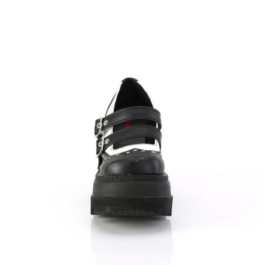 Product image of Demonia SHAKER-27 Blk-Wht Vegan Leather 4 1/2 Inch Wedge PF Double Strap Maryjane