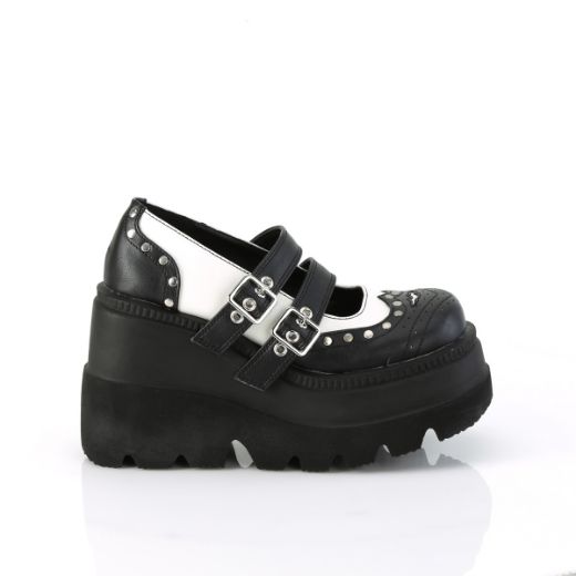 Product image of Demonia SHAKER-27 Blk-Wht Vegan Leather 4 1/2 Inch Wedge PF Double Strap Maryjane