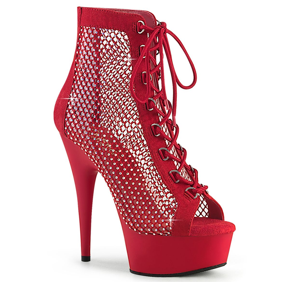 Product image of Pleaser DELIGHT-600-33RM Red Faux Suede-RS Mesh/Red Matte 6 Inch Heel 1 3/4 Inch PF Lace-Up Peep Toe Ankle Boot Back Zip