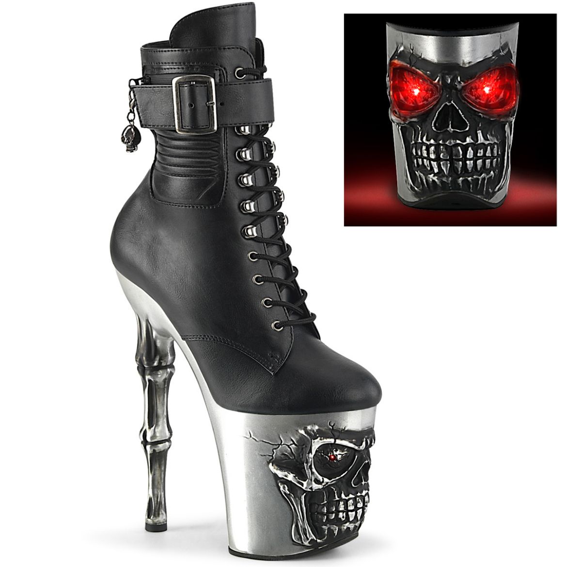Product image of Pleaser RAPTURE-1020STR-LT Blk Faux Leather/Slv Matte-Rubbed Blk 8 Inch Finger Bone Heel 4 Inch Skull PF LED Ankle Boot Side Zip