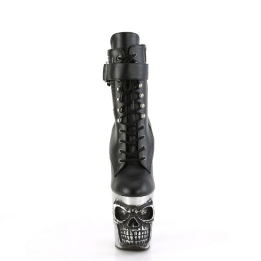 Product image of Pleaser RAPTURE-1020STR-LT Blk Faux Leather/Slv Matte-Rubbed Blk 8 Inch Finger Bone Heel 4 Inch Skull PF LED Ankle Boot Side Zip
