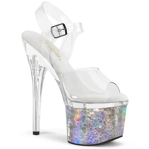 Product image of Pleaser ESTEEM-708CK Clr/Clr-Slv Holo Crackle 7 Inch Heel 3 Inch PF Ankle Strap Sandal