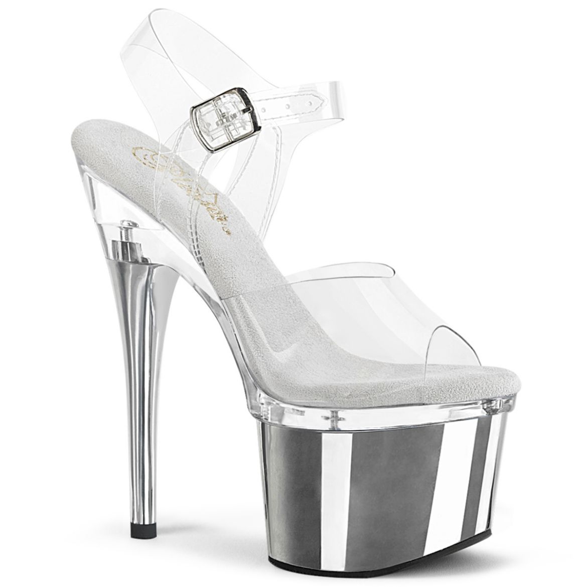 Product image of Pleaser ESTEEM-708 Clr/Clr-Slv Chrome 7 Inch Heel 3 Inch PF Ankle Strap Sandal