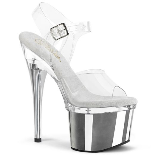Product image of Pleaser ESTEEM-708 Clr/Clr-Slv Chrome 7 Inch Heel 3 Inch PF Ankle Strap Sandal