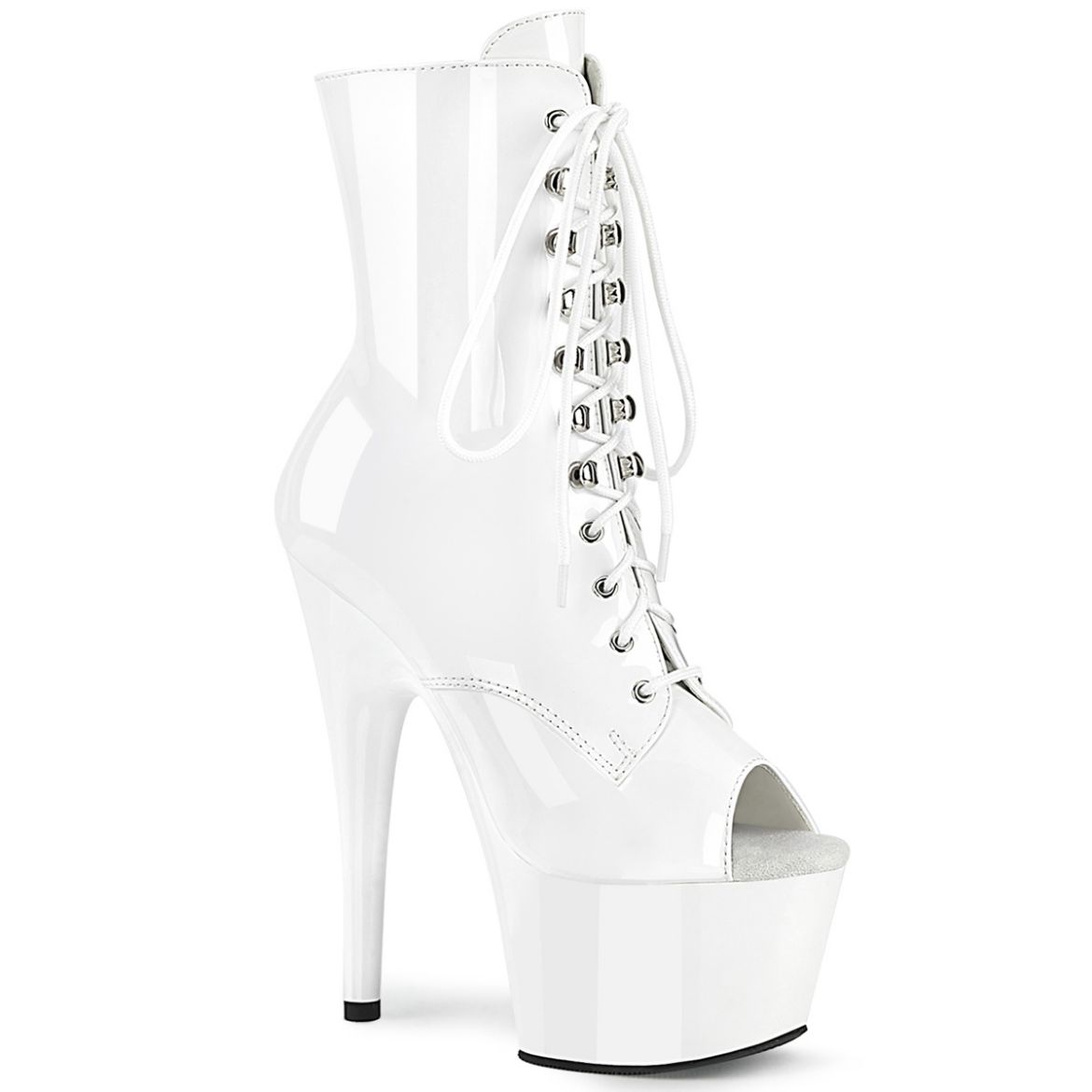 Product image of Pleaser ADORE-1021 Wht Pat/Wht 7 Inch Heel 2 3/4 Inch PF Peep Toe Lace-Up Ankle Boot Side Zip