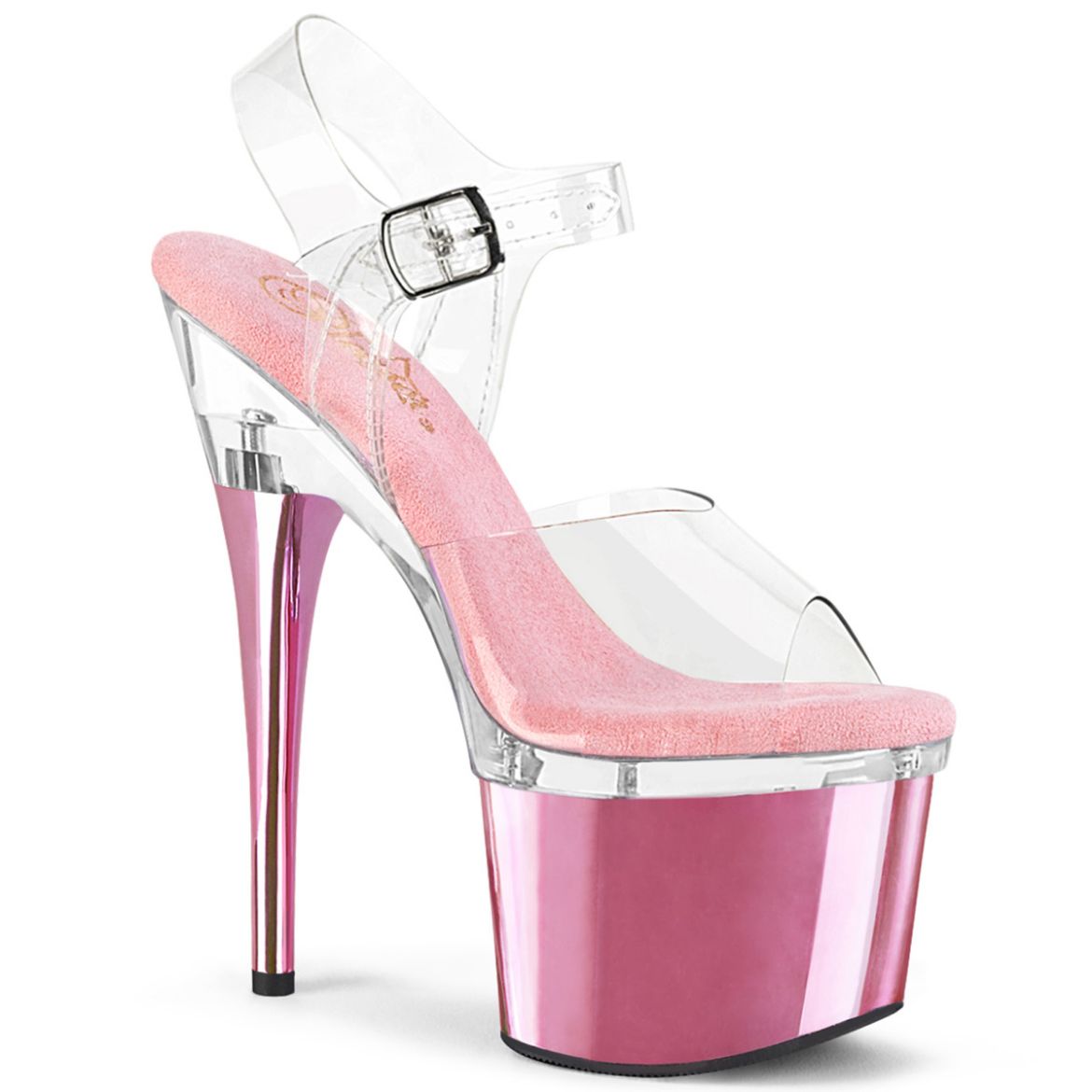 Product image of Pleaser ESTEEM-708 Clr/Clr-B. Pink Chrome 7 Inch Heel 3 Inch PF Ankle Strap Sandal