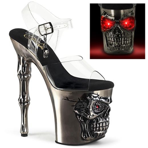 Product image of Pleaser RAPTURE-808-LT Clr/Satin Pewter Chrome 8 Inch Finger Bone Heel 4 Inch Skull PF LED Ankle Strap Sandal