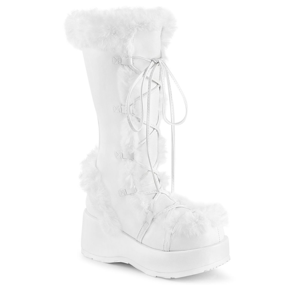 Product image of Demonia CUBBY-311 Wht Vegan Leather 2 3/4 Inch Platform Lace-Up Mid-Calf Boot Side Zip