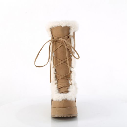 Product image of Demonia CUBBY-311 Camel Vegan Suede 2 3/4 Inch Platform Lace-Up Mid-Calf Boot Side Zip