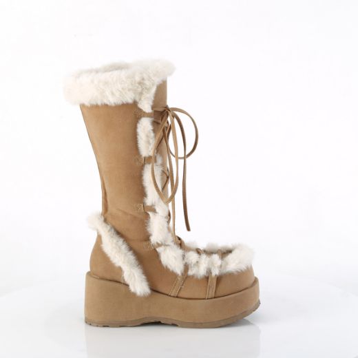 Product image of Demonia CUBBY-311 Camel Vegan Suede 2 3/4 Inch Platform Lace-Up Mid-Calf Boot Side Zip