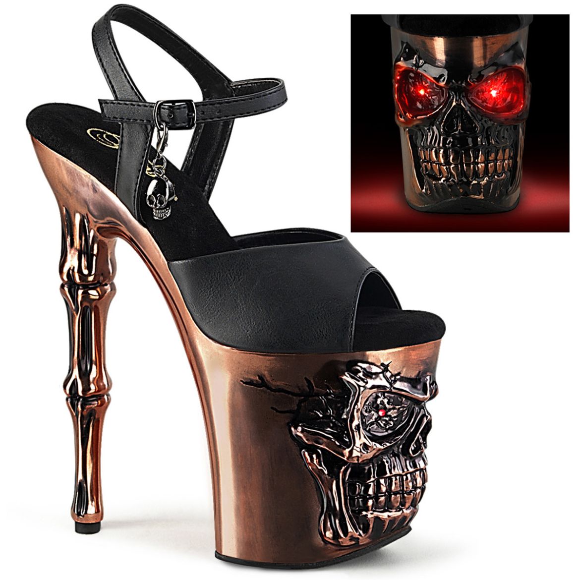 Product image of Pleaser RAPTURE-809-LT Blk Faux Leather/Satin Copper Chrome 8 Inch Finger Bone Heel 4 Inch Skull PF LED Ankle Strap Sandal