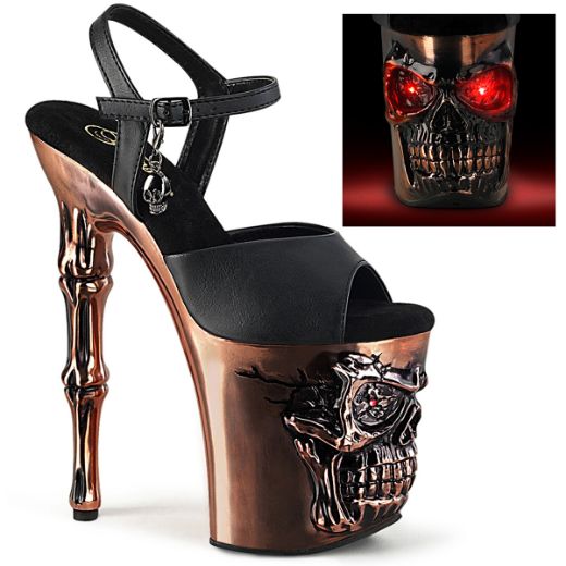 Product image of Pleaser RAPTURE-809-LT Blk Faux Leather/Satin Copper Chrome 8 Inch Finger Bone Heel 4 Inch Skull PF LED Ankle Strap Sandal