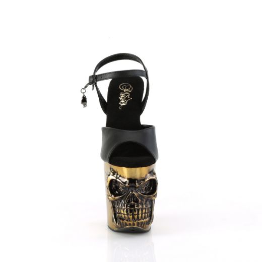 Product image of Pleaser RAPTURE-809-LT Blk Faux Leather/Satin Copper Chrome 8 Inch Finger Bone Heel 4 Inch Skull PF LED Ankle Strap Sandal