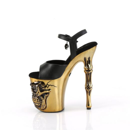 Product image of Pleaser RAPTURE-809-LT Blk Faux Leather/Satin Copper Chrome 8 Inch Finger Bone Heel 4 Inch Skull PF LED Ankle Strap Sandal