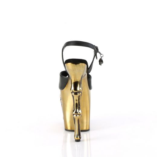 Product image of Pleaser RAPTURE-809-LT Blk Faux Leather/Satin Copper Chrome 8 Inch Finger Bone Heel 4 Inch Skull PF LED Ankle Strap Sandal
