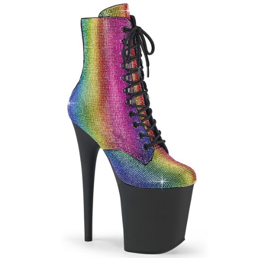 Product image of Pleaser FLAMINGO-1020RS Rainbow RS/Blk Matte 8 Inch Heel 4 Inch PF Lace-Up RS Embellished Ankle Boot Side Zip