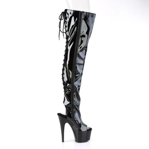 Product image of Pleaser ADORE-3017 Blk Str. Pat/Blk 7 Inch Heel 2 3/4 Inch PF Open Heel/Toe Thigh High Boot Side Zip