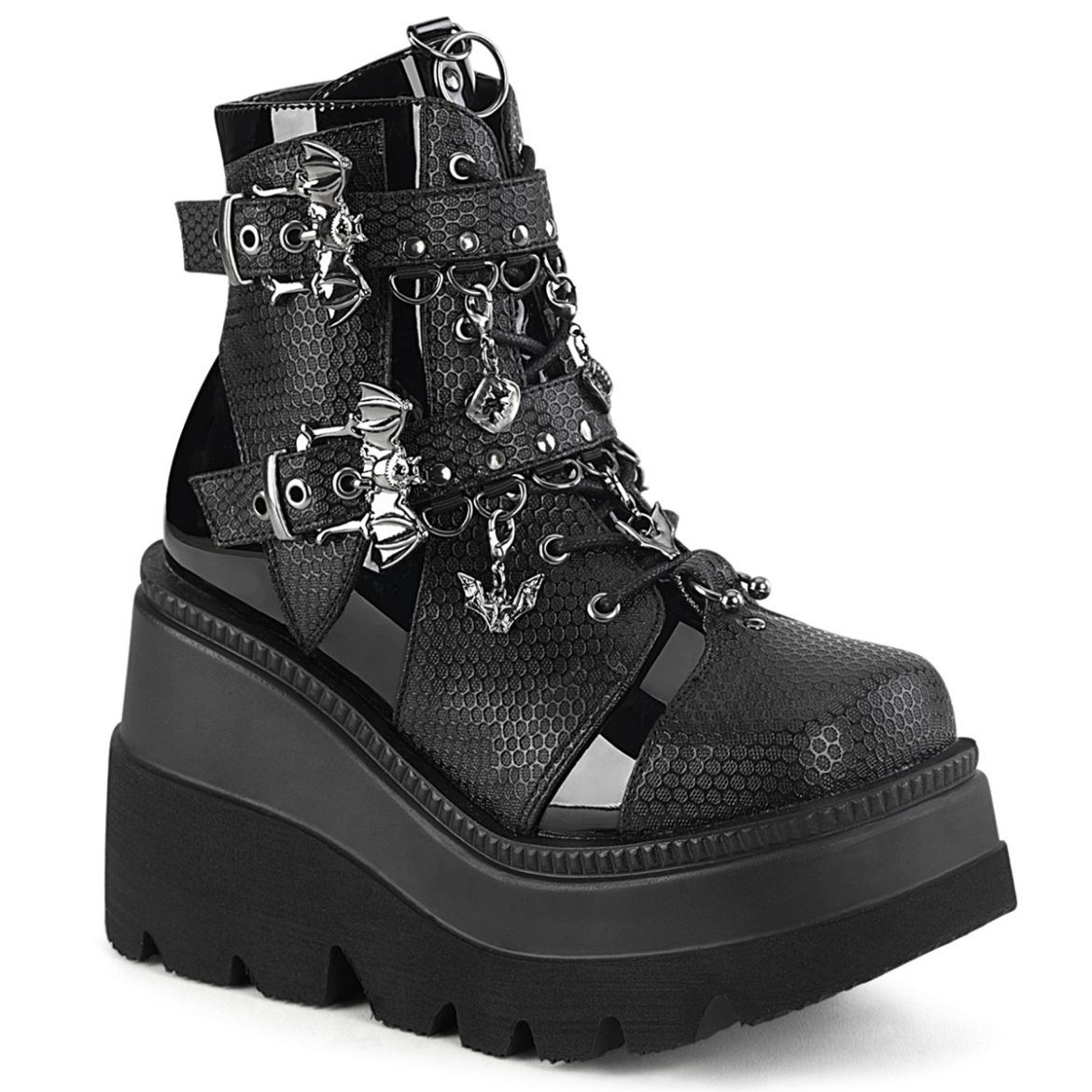 Product image of Demonia SHAKER-66 Blk Vegan Leather 4 1/2 Inch Wedge PF Ankle Boot Side Zip