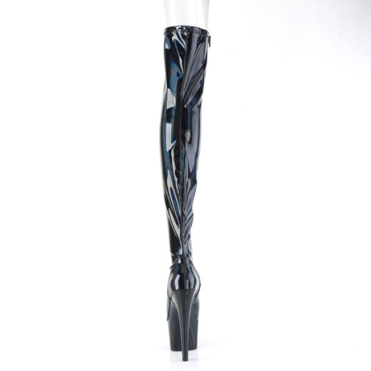 Product image of Pleaser ADORE-3011HWR Blk Str. Holo/Blk Holo 7 Inch Heel 2 3/4 Inch PF Peep Toe Thigh High Boot Side Zip