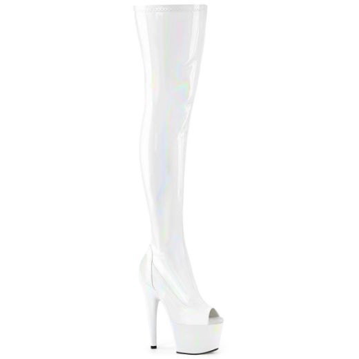 Product image of Pleaser ADORE-3011HWR Wht Str. Holo/Wht Holo 7 Inch Heel 2 3/4 Inch PF Peep Toe Thigh High Boot Side Zip