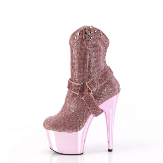 Product image of Pleaser ADORE-1029CHRS B. Pink RS/B. Pink Chrome 7 Inch Heel 2 3/4 Inch PF RS Embellished Ankle Boot Side Zip