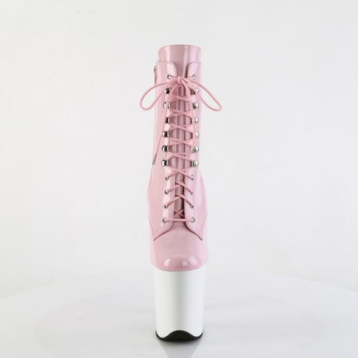 Product image of Pleaser FLAMINGO-1020 B. Pink Pat/Wht 8 Inch Heel 4 Inch PF Lace-Up Front Ankle Boot Side Zip