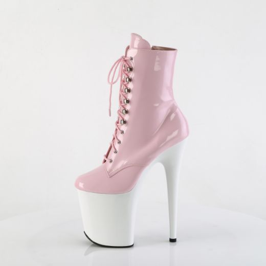 Product image of Pleaser FLAMINGO-1020 B. Pink Pat/Wht 8 Inch Heel 4 Inch PF Lace-Up Front Ankle Boot Side Zip