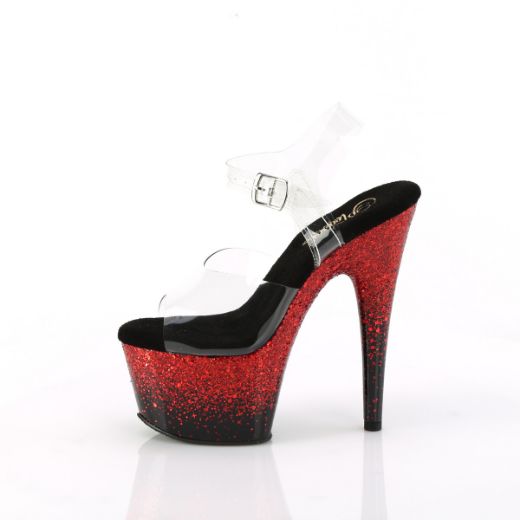 Product image of Pleaser ADORE-708SS Clr/Blk-Red Glitter 7 Inch Heel 2 3/4 Inch PF Ankle Strap Sandal
