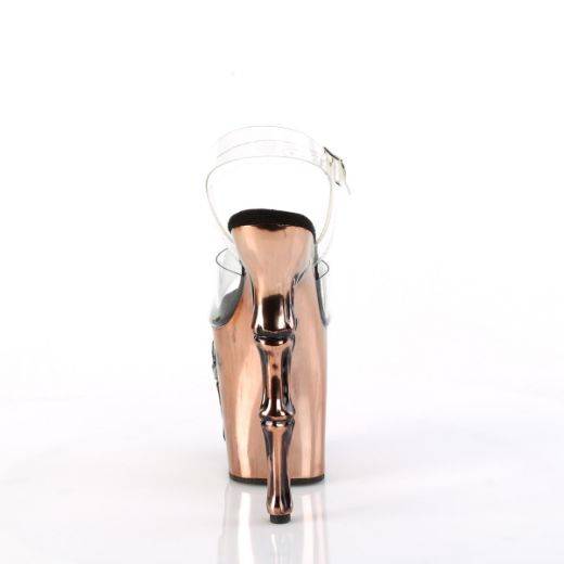 Product image of Pleaser RAPTURE-808-LT Clr/Satin Brass Chrome 8 Inch Finger Bone Heel 4 Inch Skull PF LED Ankle Strap Sandal