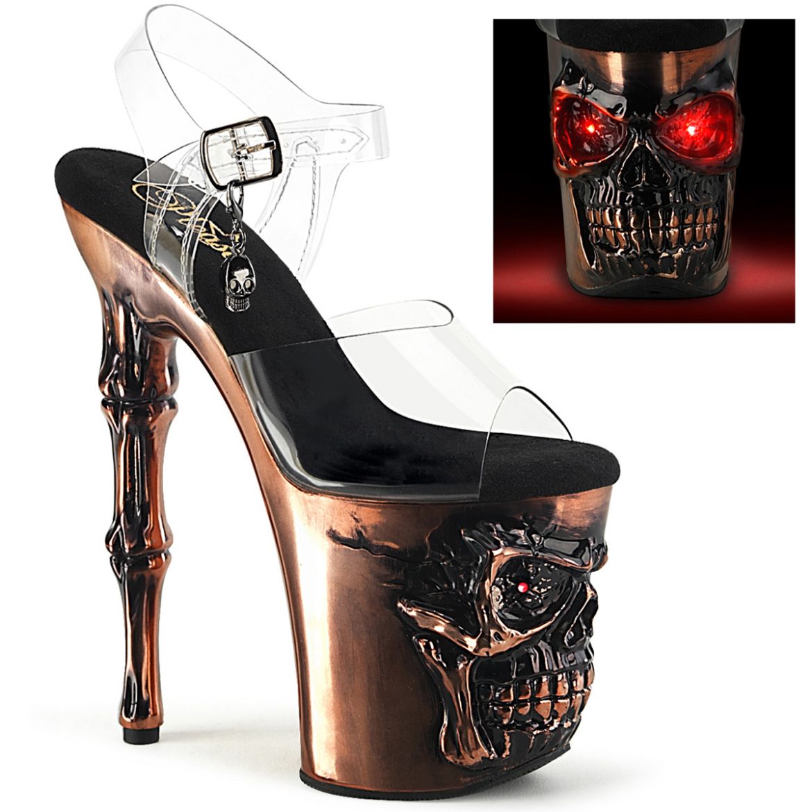 Product image of Pleaser RAPTURE-808-LT Clr/Satin Copper Chrome 8 Inch Finger Bone Heel 4 Inch Skull PF LED Ankle Strap Sandal