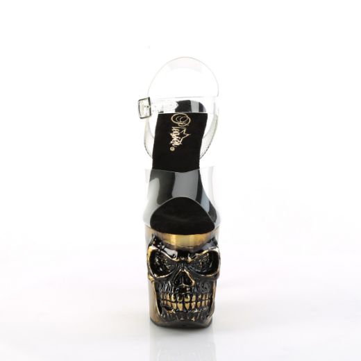 Product image of Pleaser RAPTURE-808-LT Clr/Satin Copper Chrome 8 Inch Finger Bone Heel 4 Inch Skull PF LED Ankle Strap Sandal