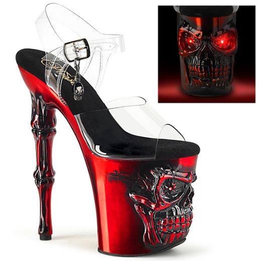 Product image of Pleaser RAPTURE-808-LT Clr/Satin Red Chrome 8 Inch Finger Bone Heel 4 Inch Skull PF LED Ankle Strap Sandal
