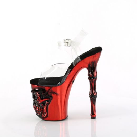 Product image of Pleaser RAPTURE-808-LT Clr/Satin Red Chrome 8 Inch Finger Bone Heel 4 Inch Skull PF LED Ankle Strap Sandal