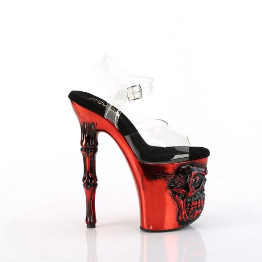 Product image of Pleaser RAPTURE-808-LT Clr/Satin Red Chrome 8 Inch Finger Bone Heel 4 Inch Skull PF LED Ankle Strap Sandal