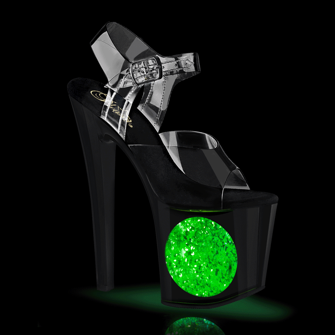Product image of Pleaser ENCHANT-708LT-CIRCLE Clr/Blk-Slv Glitter 7 1/2 Inch Heel 3 1/2 Inch PF LED Illuminated Ankle Strap Sandal